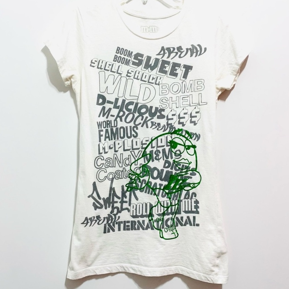 M&M White Tee Shirt with Green and Gray Graphics